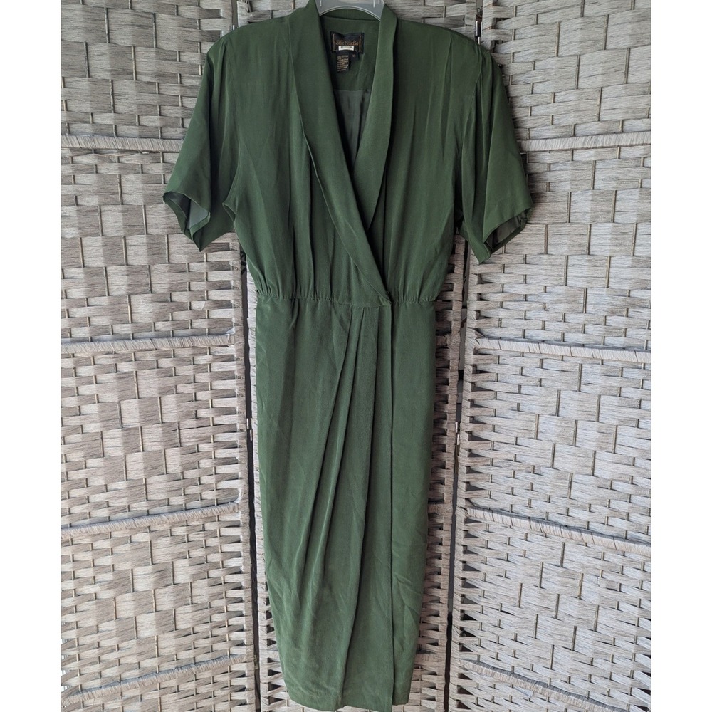 Vtg 90s Silk Studio 100% Silk Olive Green Draped Midi Dress Minimalist Sz 10